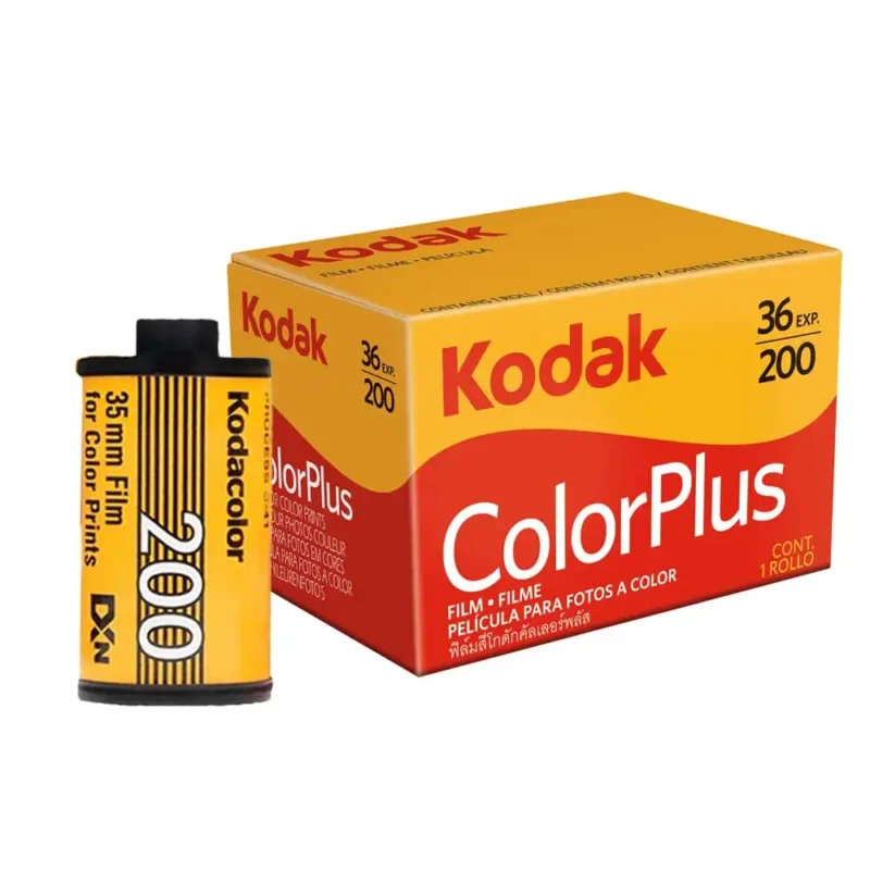 Kodak ColorPlus 200 film canister next to a vintage camera, surrounded by colorful developed photos showcasing the film's warm tones