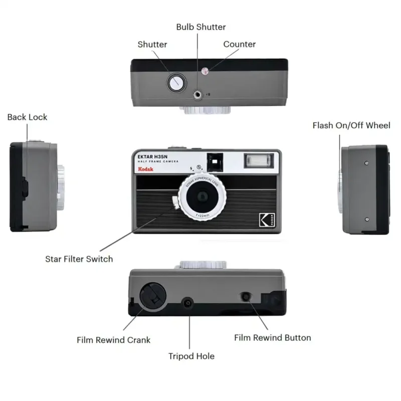 Kodak Estar H35N Half Frame 35mm Film Camera Black Key Function