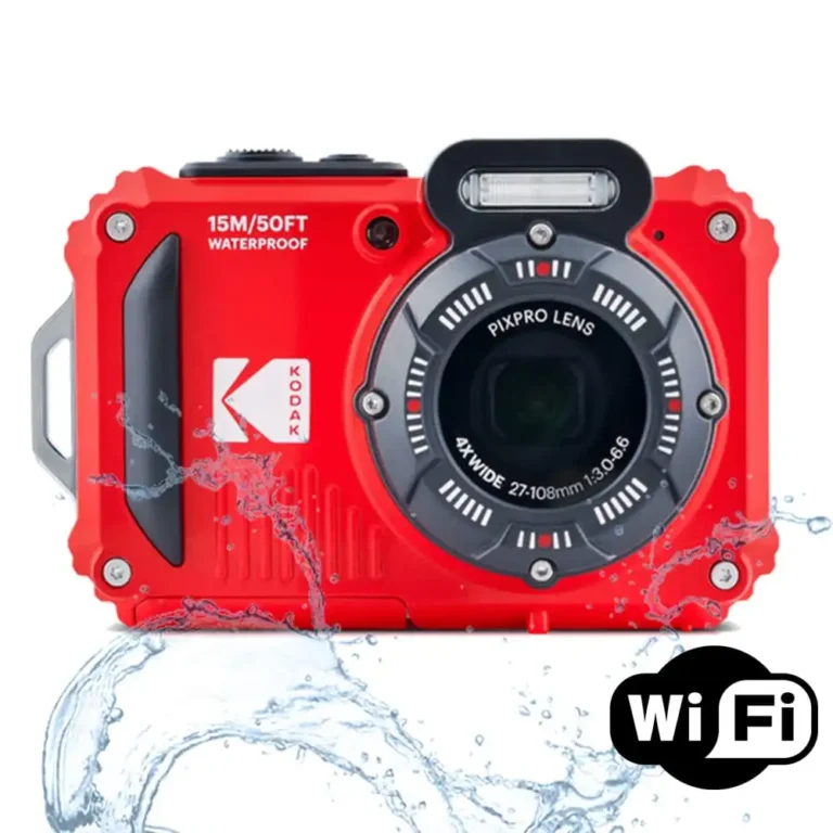 Close-up of Kodak PIXPRO WPZ2 camera with water droplets, showcasing its waterproof design