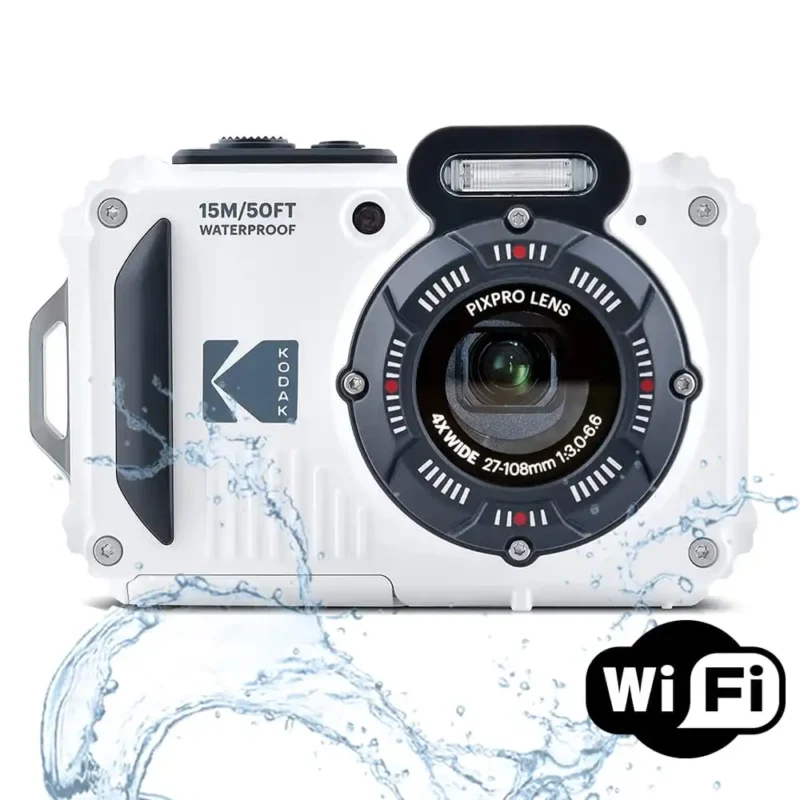 Kodak PIXPRO WPZ2 Waterproof Digital Camera floating in crystal clear water with tropical fish swimming nearby